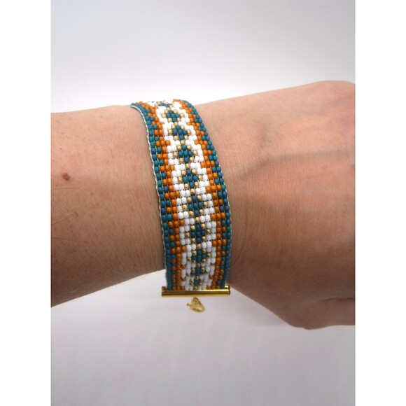 Loom Beaded Bracelet Pumpkin, Teal & White - Picture 1 of 5